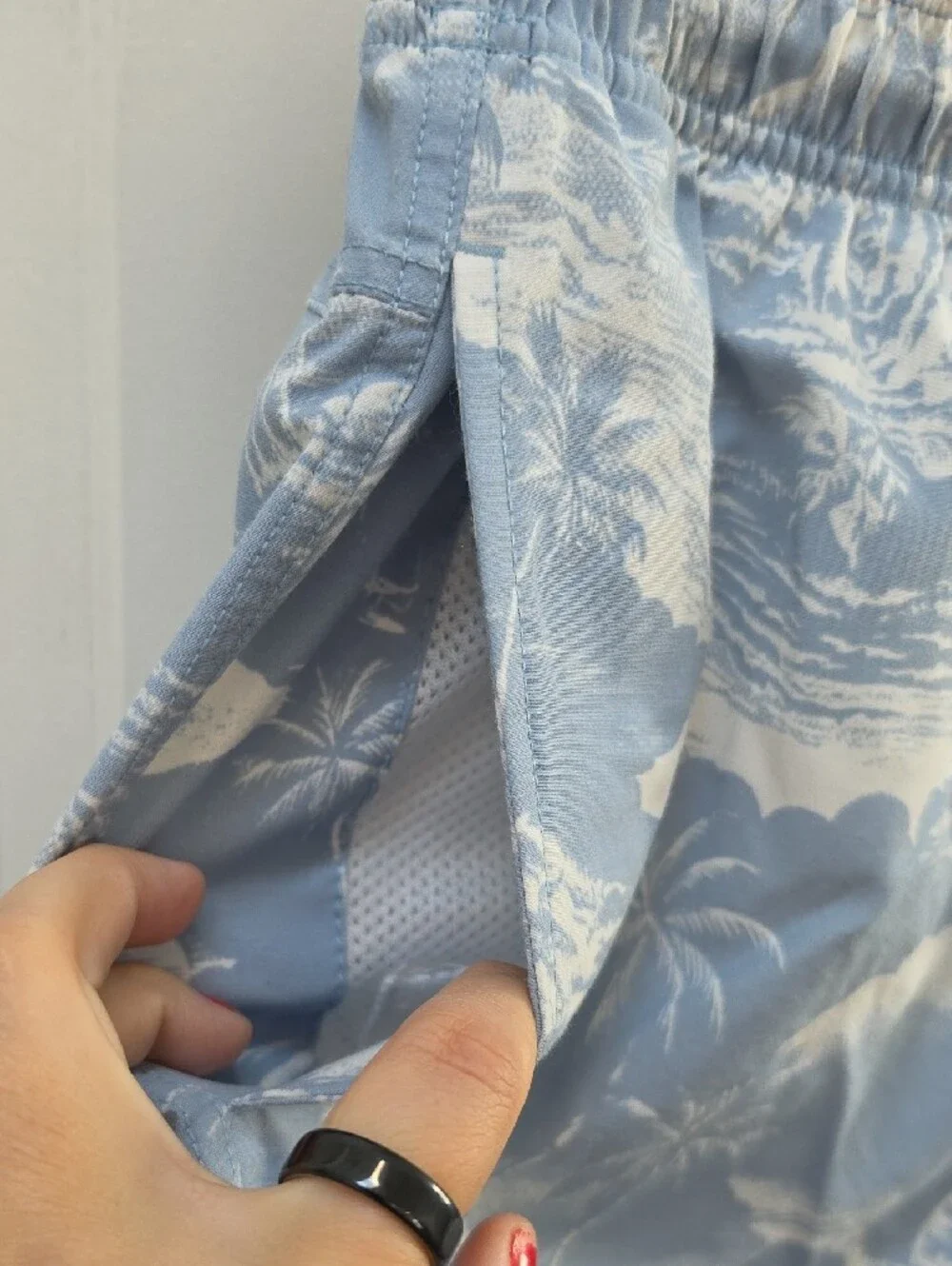 Rip Curl Light Blue and White Palm Print Swim Trunks